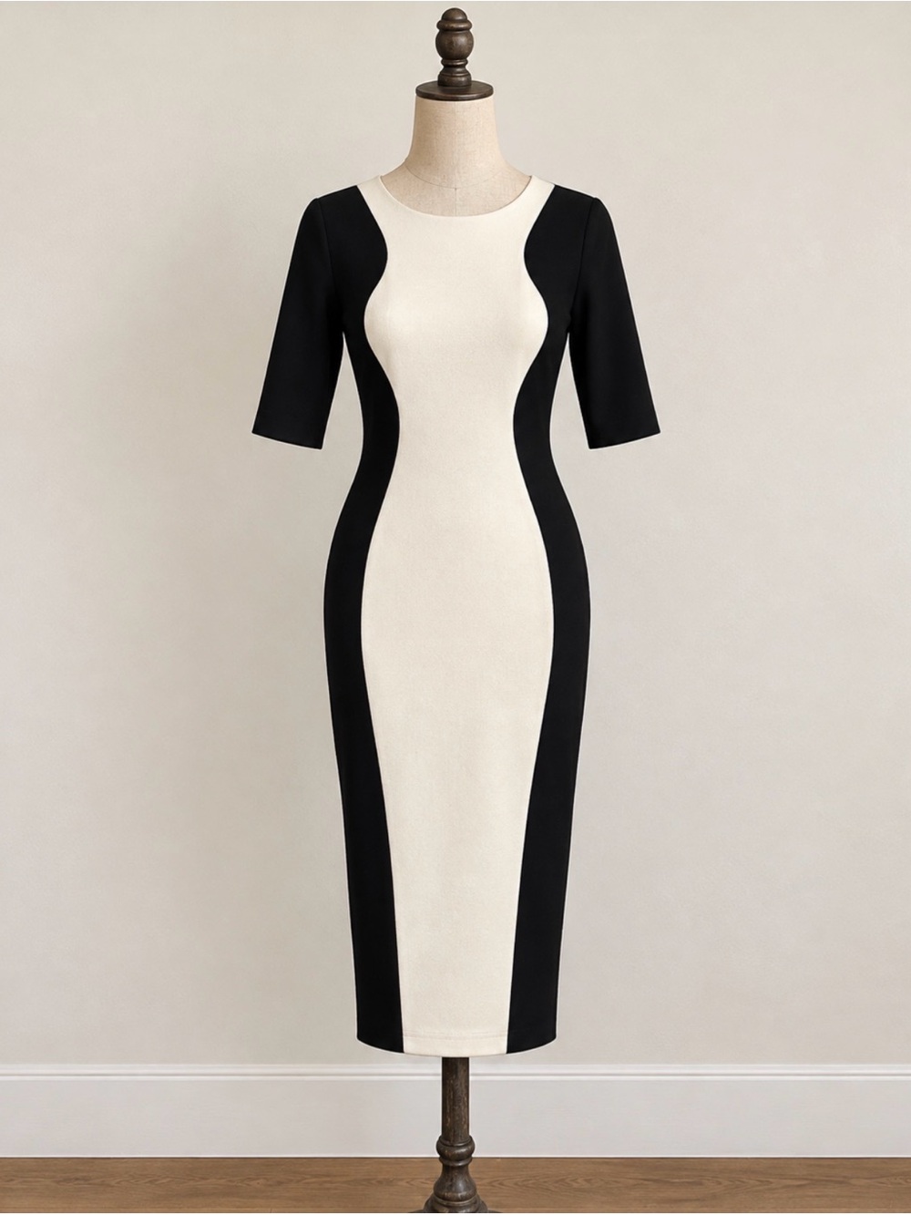 Bisou Bisou Black and Cream Colorblock Midi Sheath Dress